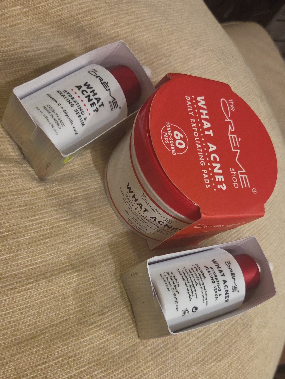 Creme Shop 2 Btls What Acne & 1 Tub Daily Exfoliating Pads NIB Trio